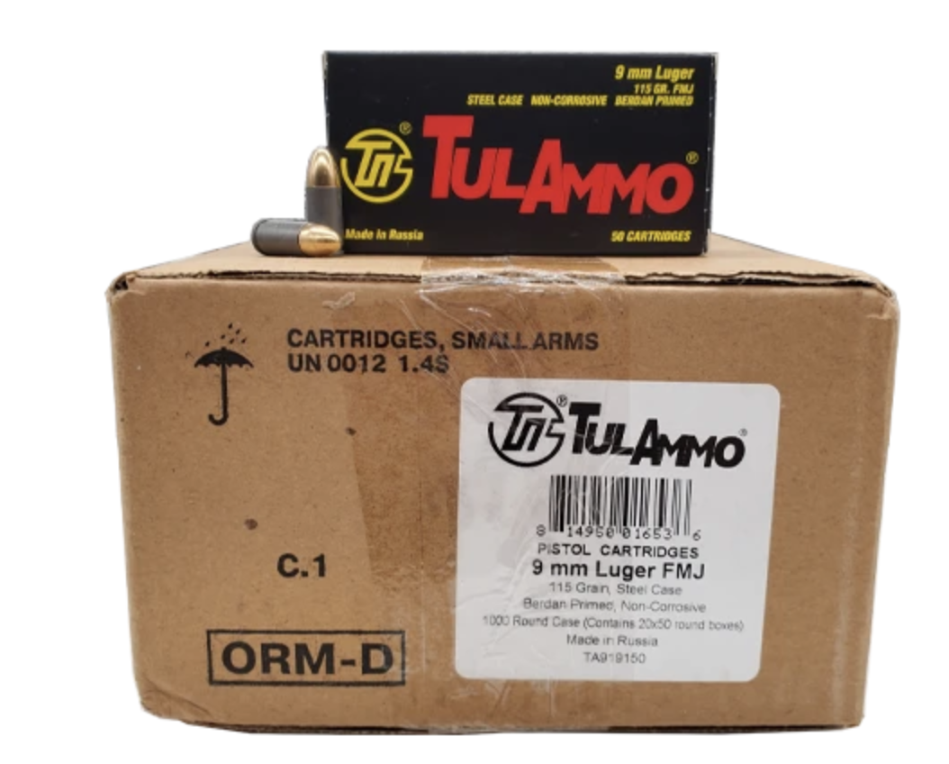 TulAmmo Ammunition 9mm Luger 115 Grain Full Metal Jacket (Bi-Metal) Steel Case Berdan Primed Case of 1000 (20 Boxes of 50)